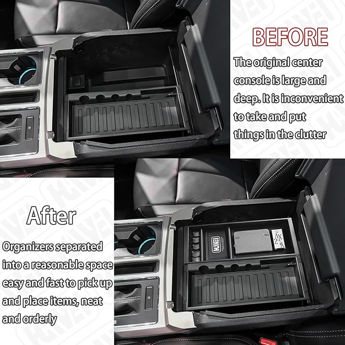 HGWEI Center Console Organizer Compatible with Ford F150 2015-2020, 2017-2022 F250 F350 F450, 2018-2024 Expedition Accessories, Insert Tray Armrest Storage Box, Full Console w/Bucket Seats ONLY, Black