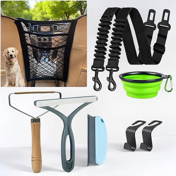 Dog Car Travel Kit – 9 in 1 Gift Set with 2 Pet Seat Belts, Car Net Barrier, 3 Pet Hair Remover, Collapsible Water Bowl & 2 Headrest Hooks – Dog Travel Essentials for Sedan SUV & Truck Vehicle