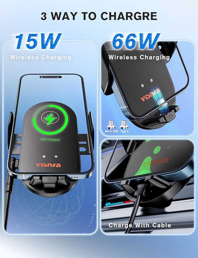 Wireless Car Charger, 15W Fast Charging Car Phone Holder Auto Clamping, Phone Mount for Car Dashboard Air Vent Windshield, for All iPhone Android (Black)