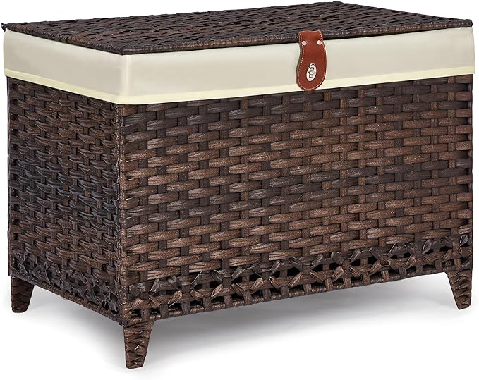 Honjourai Wicker Storage Basket with Lid,Rattan Shelf Basket with Removable Liner Bag,160L Storage Bin,Storage Trunk with Heightened Feet,Storage Container for Wardrobe,Home Organizer