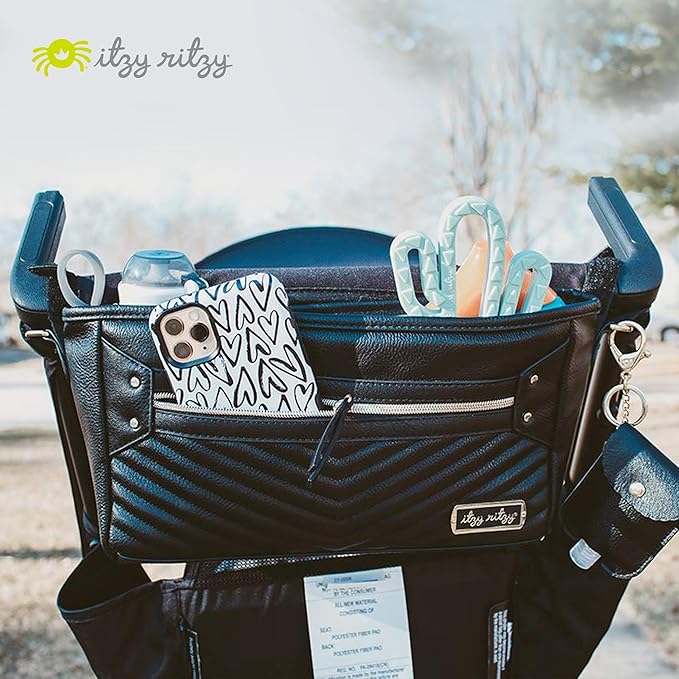 Itzy Ritzy Adjustable Stroller Caddy / Organizer - Stroller Organizer Bag Featuring Front Zippered Pocket, 2 Built-In Interior Pockets & Straps to Fit Nearly Any Model (Black with Gold Hardware)