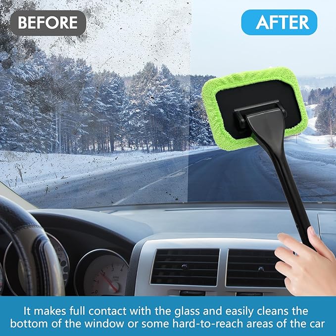 wuyaoyao Car Windshield Cleaning Tool, Car Window Cleaner with Detachable Handle & 2 Washable and Reusable Microfiber Pads, Universal Auto Glass Wiper Car Windshield Cleaner Kit
