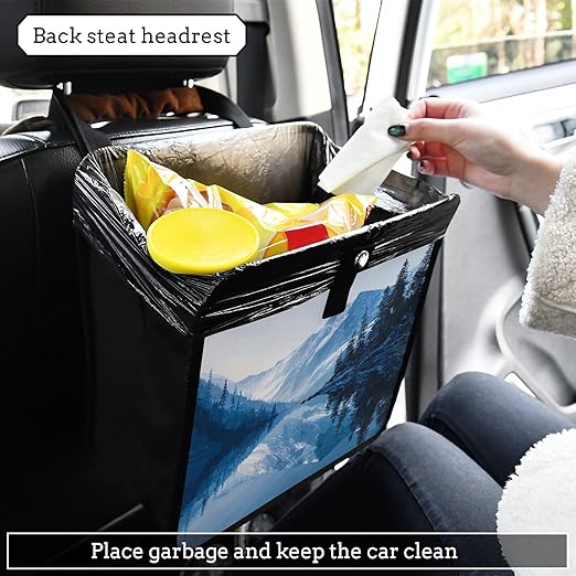 Car Trash Can Organizer Bin with Adjustable Strap for Back Front Seat Console Waterproof Leakproof Collapsible Portable 8.66 Inch Winter Blue Mountain and Mirrored Lake