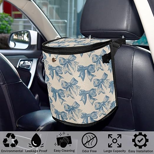 Car Trash Can Blue Bow Car Garbage Bag with Lid Hanging Waterproof Leak Proof Vehicle Storage Bin