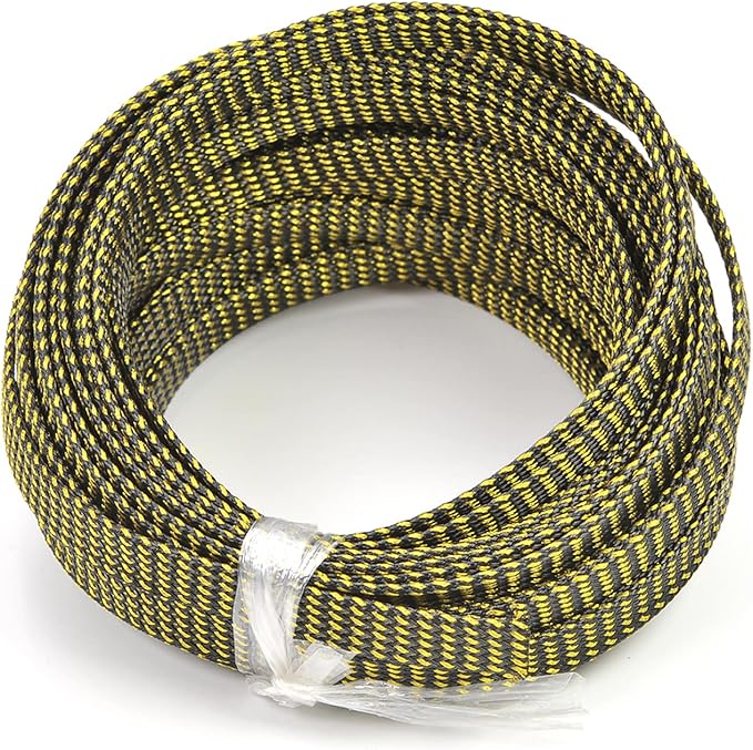 Aicosineg 32.81ft PET Flexible Braided Cable Sleeve 0.4inch Width Wire Loom Sleeving and Organizer Flexible Wire Mesh Sleeve Wrap Protector for TV Audio PC Cords from Pets Chewing Black and Gold