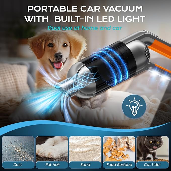 Handheld Vacuum Cordless, Portable Car Vacuum with LED Light,Rechargeable Small Vacuum Cleaner with Powerful Suction,Lightweight Vacuum Cleaner for Car Home Office Pet Hair (Orange)