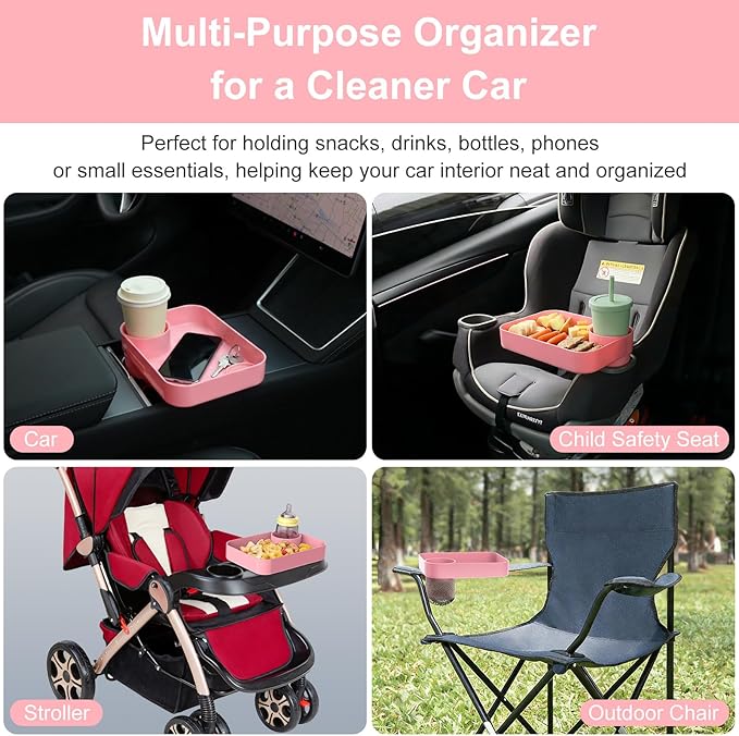 Kids Car Travel Tray Square for Kids Car Seat Snacks Trays, Car Seat Tray with Cup Holders for Toddler, Stroller, Tesla Travel Must Have (Pink)