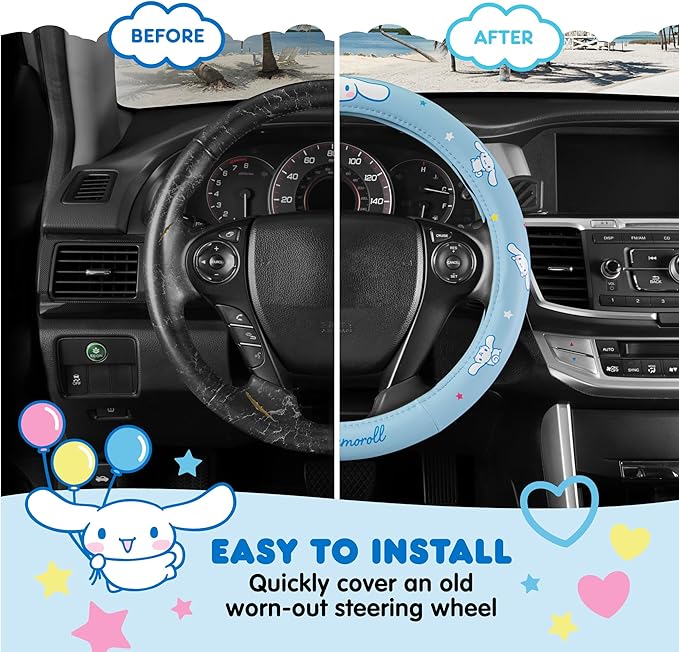 Sanrio Cinnamoroll Car Trunk Organizer & Steering Wheel Cover Set – Cute, Non-Slip, Soft Grip Car Accessories for Women – Collapsible Storage Bin for Groceries, Tools & Travel – 12.5"L x 12.5"W x 9"H