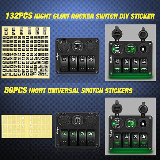 Nilight 4Gang Rocker Switch Panel with USB Charger Voltmeter and Cigar Lighter 12V 24V Toggle ON Off Green Night Glow Stickers for Cars Rvs Trucks