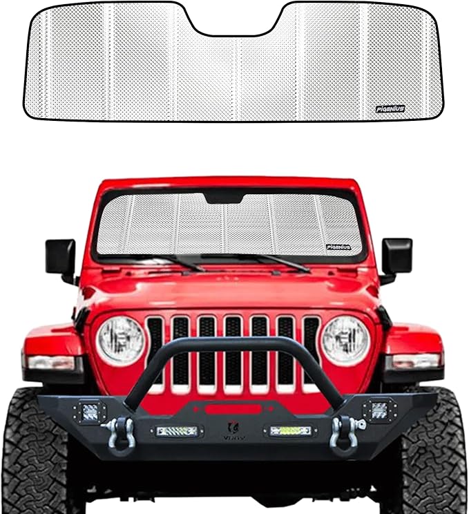 Pigenius Windshield Sun Shade for Jeep Wrangler 2018-2025; Jeep Gladiator 2020-2025. Reflective Aluminum Film Front Window Sunshade - BLAZBLOCK