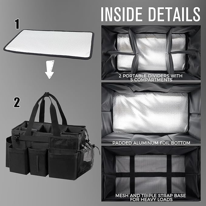 Wearable Cleaning Caddy Organizer with Handle & Shoulder Straps for Housekeepers, Under Sink & Car Cleaning Tool Organizer Bag with 4 Foldable Dividers (Black)