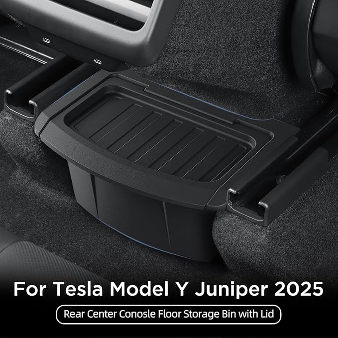 LUCKEASY Rear Center Console Floor Storage Box with Lid For Tesla Model Y Juniper 2025 2026 Storage Organizer Box with Lids Accessories TPE Black