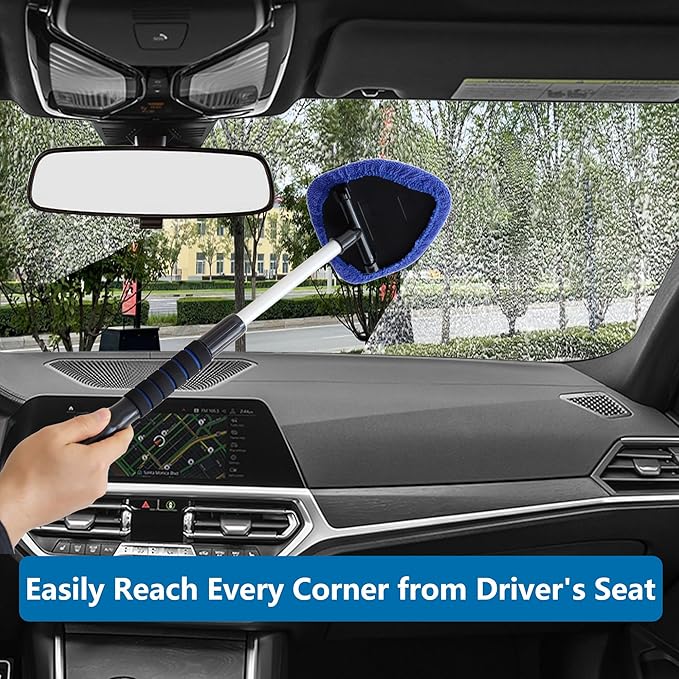 Gven Windshield Cleaner Tool 21" Car Window Cleaner Inside Windshield Cleaning Wand Supplies Interior Glass Care Product Car Accessories with with Extendable Handle& Microfiber Pads