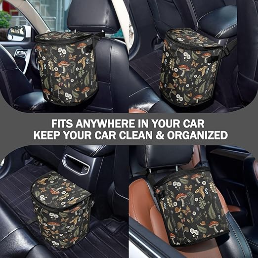 Mushrooms Car Trash Can Vintage Flower Butterfly Dragonfly Car Garbage Bag with Lid Hanging Waterproof Leak Proof Vehicle Storage Bin