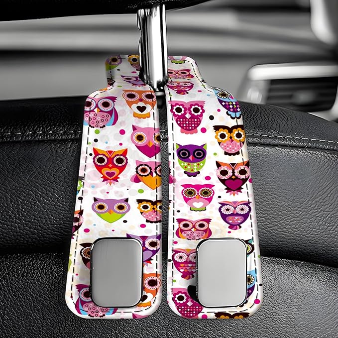 Car Seat Back Storage Headrest Hook, Premium Leather Double Metal Hook, Hanger Storage Organizer for Purse Cloth Bag, Car Interior Accessories Colorful Boho Owls