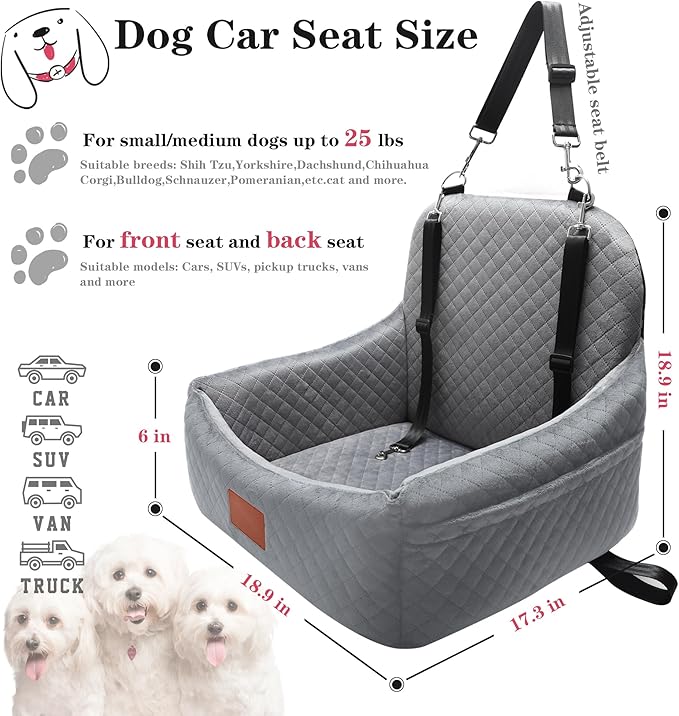 Small Dog Car Seat for Small Dogs Under 30 lbs, Memory Foam Pet Car Seat with Joint Relief & Washable Cover, Portable Travel Bed for SUV/Sedan (Grey)