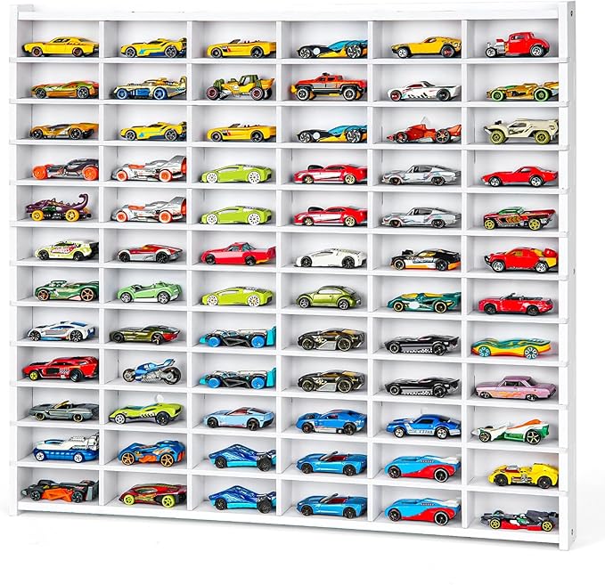 Toy Car Storage Display Case, 72 Slots Model Car Display Shelf for 1/64 Scale Toy Cars, Wall Mount Organizer Rack for Diecast Models (White)