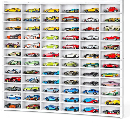 Toy Car Storage Display Case, 72 Slots Model Car Display Shelf for 1/64 Scale Toy Cars, Wall Mount Organizer Rack for Diecast Models (White)