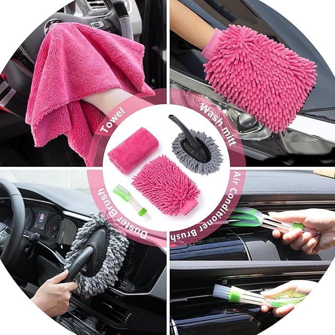 AUTODECO 39Pcs Car Cleaning Wash Kit Interior Detailing Cleaner Kit with High Power Handheld Vacuum, Brush Set, Windshield Tool, Duster, Towels, Tire Brush, Complete Car Care Tools, Pink