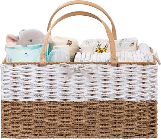 HBlife Large Baby Diaper Caddy Organizer, Paper Rope Storage Baskets Nursery Bin with Removable Divider, Portable Car Organizer for Diapers, Baby Shower Gifts, Newborn Essentials Must Haves