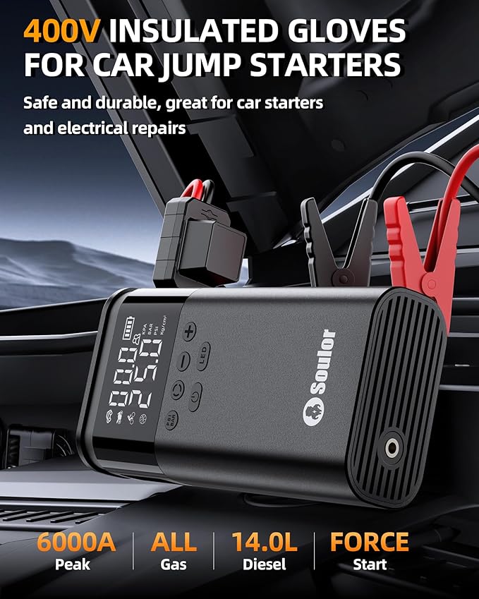 Jump Starter with Air Compressor, 6000A Battery Jumper Starter Portable, 12V Jump Box Car Jump Starter Portable with 150PSI Tire Inflator, LED Light, Gloves and Jumper Cables (14L Diesel All Cars)