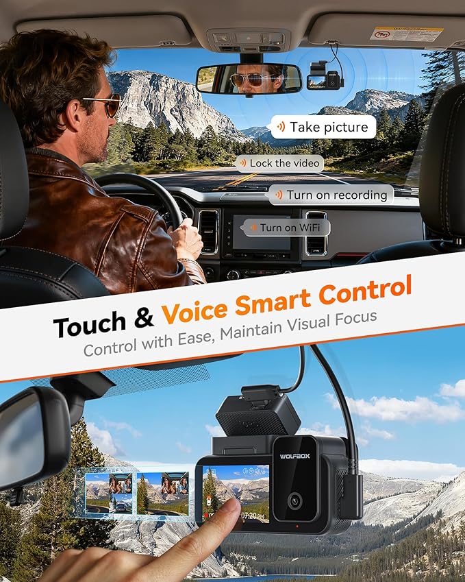 WOLFBOX X5 3 Channel 4K HDR Dash Cam, STARVIS 2 IMX678 8MP Night Vision, 4K+2.5K+1080P Front and Rear Inside Car Camera with 128GB Card and GPS, Support Voice Control, Touch Screen and 5.8GHz WiFi