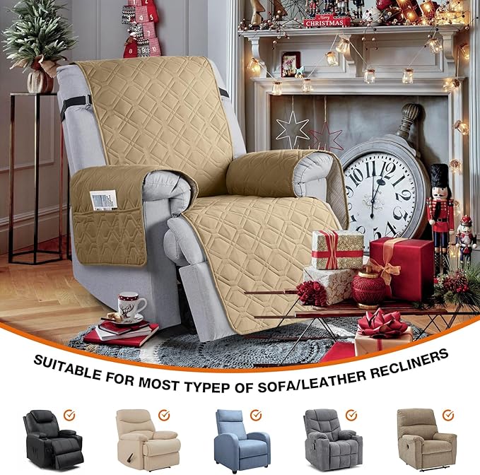 VANSOFY 100% Waterproof Recliner Chair Covers, Recliner Cover Non-Slip Dog Chair Cover Furniture Protector Washable Slipcover with Pocket, Elastic Straps for Pets, Dogs(Sand, 30")