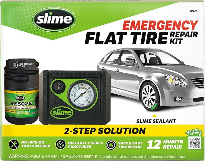 Slime 50138 Flat Tire Puncture Repair, Smart Spair Plus, Emergency Kit for Car Tires, Includes Sealant and Tire Inflator Pump, Suitable for Cars and Other Highway Vehicles, 12 Min Fix