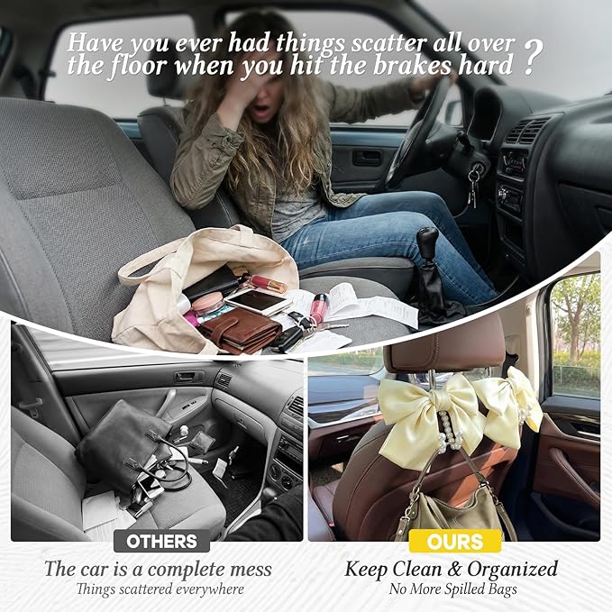 2PCS Satin Bow Pearl Car Seat Headrest Hooks – Car Bag Holder & Vehicle Hanger for Purses – Cute Coquette Aesthetic Interior Decoration – Cute Auto Organizer Accessories Universal (Pearl White)
