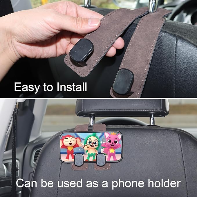Purse and Bag Hook for Car, Zinc Alloy Seat Headrest Hooks, Upgraded Leather Car Seat Back Purses Hanger and Bags Holder (Brown, 2Pack)