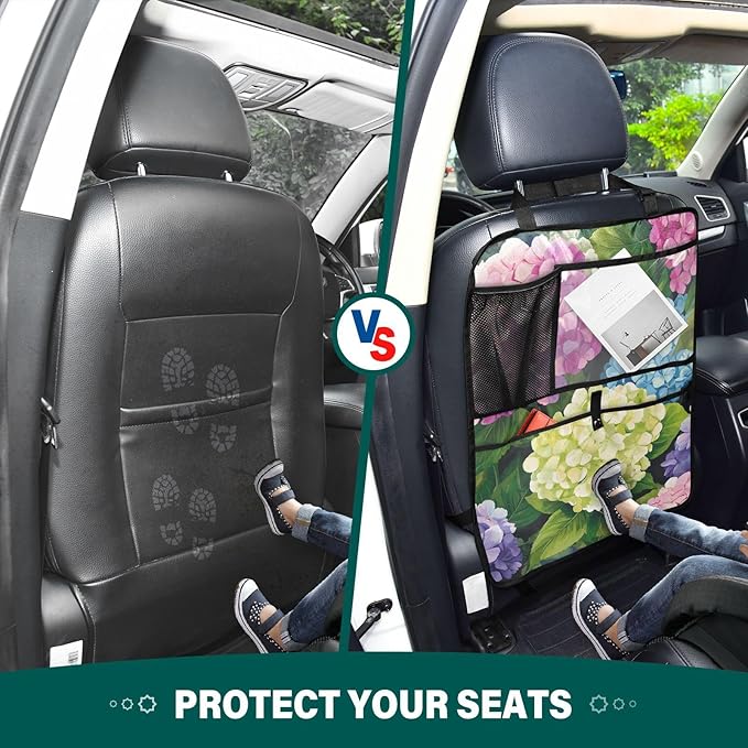 Pink Hydrangea 2 Pack Backseat Car Organizer with Storage Pockets Seat Back Organizers for Kids Kick Mats Backseat Protector Automotive