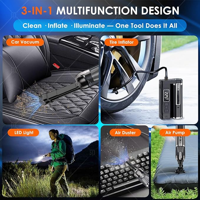 Mini 3-in-1 Car Vacuum Cleaner & Tire Inflator, 18000Pa Brushless Cordless Handheld Vacuum, 150PSI Portable Air Pump for Tires, Compact High Power Car Cleaner with LED Light, Gift