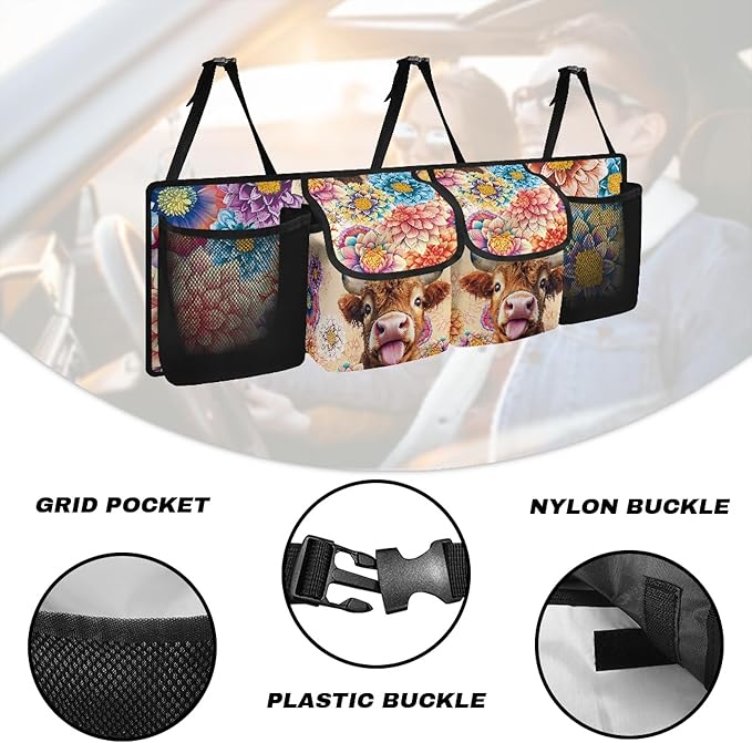 Highland Cow Print Car Trunk Organizer Hanging Car Organizer Back Seat, Hippie Flower Oxford Cloth Seat Back Storage Bag, Will Provide More Space for SUV, Trucks, Van, Sedan