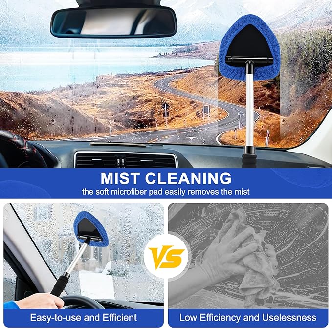 JUSTTOP Windshield Cleaner Tool, Car Interior&Exterior Window Cleaning Tool with Extendable Handle & 4 Reusable Microfiber Pads, Auto Glass Wiper Brush Kit for Cars (Blue)