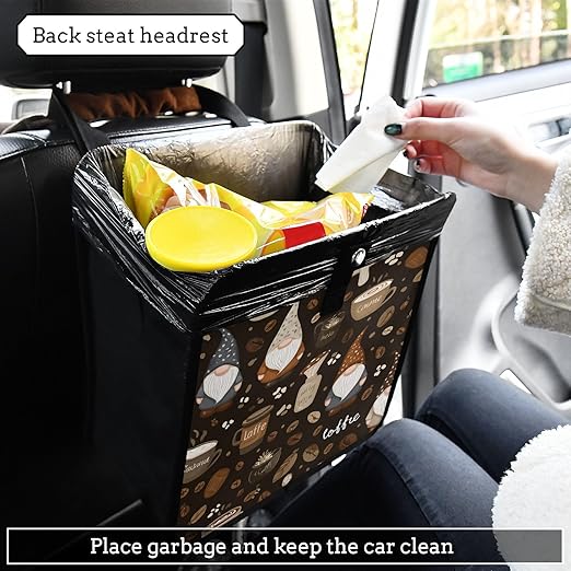Car Trash Can Organizer Bin with Adjustable Strap for Back Front Seat Console Waterproof Leakproof Collapsible Portable 8.66 Inch Brown Gnomes Coffee Beans Cups