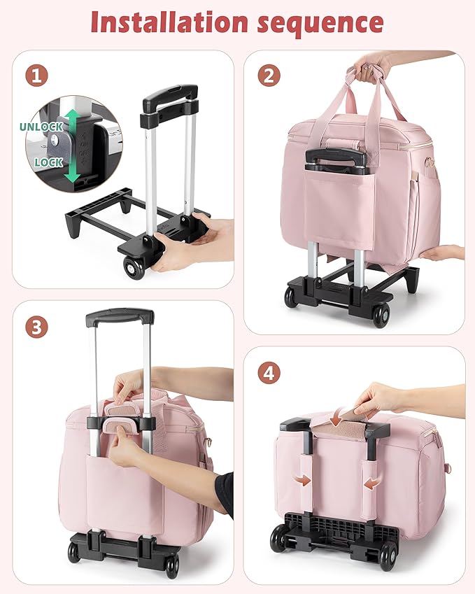 Marscamd Rolling Teacher Bag with Accordion File Organizer & 15.6" Laptop Compartment, Wheeled Work Briefcase Tote with Detachable Trolley & Crossbody Strap for Women, Pink
