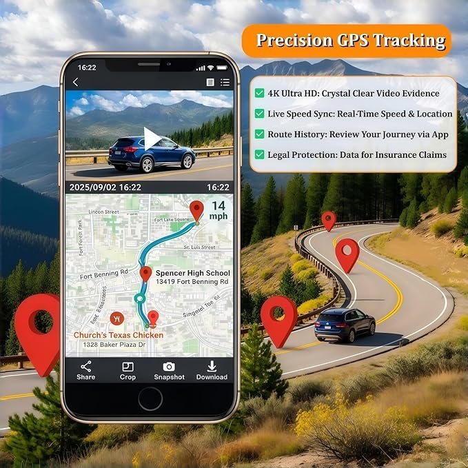 Dash Cam Front and Rear with GPS, 4K+1080P Dash Camera for Cars, 7Track Dual Car Camera with Built-in GPS Tracker, 64GB Card, 3.19" IPS Screen, WiFi, HDR, Night Vision, Parking Mode, Loop Recording