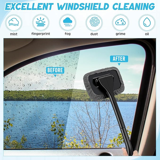 FoldTier 8 Pcs Car Windshield Cleaner Tool Kit with Removable Handle, Microfiber Towel Pads, Brush, Empty Spray Bottle for Auto Glass Wiper Suvs Rvs & Home Windows(Grey)