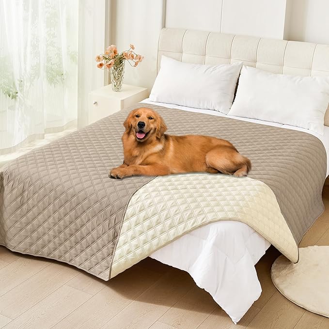 Smiry Waterproof Dog Bed Cover Pet Blanket, Soft Washable Dog Blanket for Furniture Bed Couch Sofa Reversible, Checkered (82"x102", Taupe/Beige)