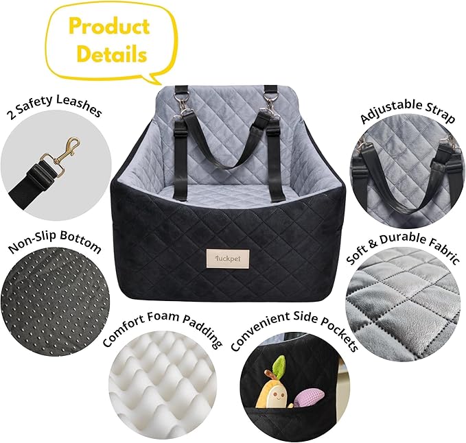 Dog Car Seat for Small/Medium Dogs up to 35 lbs, Memory Foam Booster Seat with Washable Cover, Storage Pockets & Safety Belts, Travel Pet Bed for Front & Back Seat