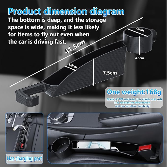 Seat Gap Filler Compatible with Kia Sportage.Deeper Than Standard Retail Models(7.5cm)|Added Cup Holder (2 Fixed Points) + Hooks + Charging Cable Port |2pcs Black| Free Window Break Hammer 1pcs|