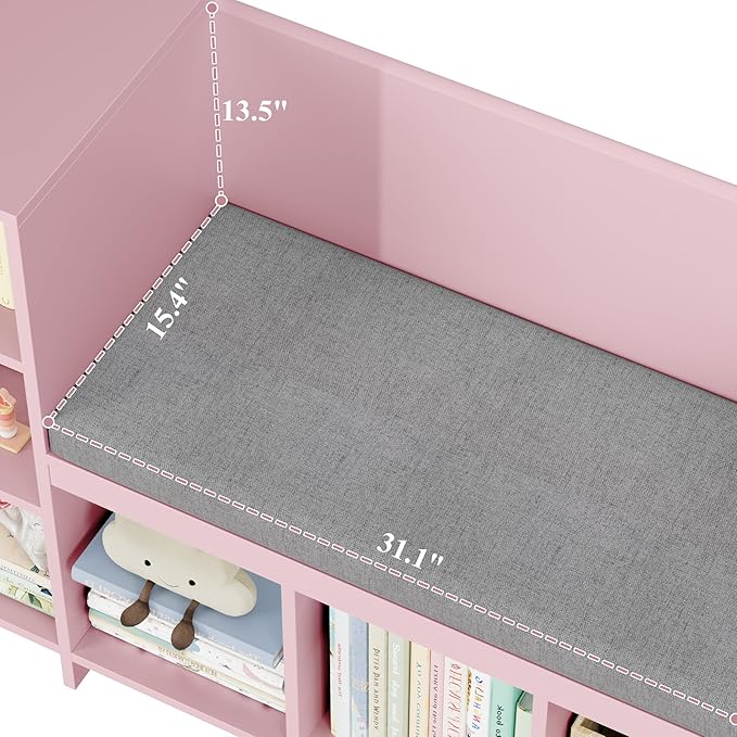 HOSTACK 67" W Kids Reading Nook with Toy Storage Organizer, Large Kids Bookshelf with Toy Storage Box on Wheels, Big Kid Bookcase with Bench and 6 Open Cubbies for Playroom, Kid Room, Pink