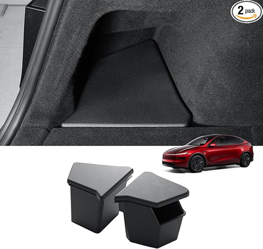 LUCKEASY Rear Trunk Storage Bins Fit for Tesla Model Y Juniper 2025 2026 Trunk Side Storage Box with Lids Rear Cargo Garbage Bins for Model Y Juniper 2026 Accessories Black TPE