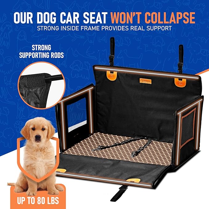 Large Dog Car Seat for Medium Sized Dog or 2 Small Dogs. Waterproof, Mesh Sides with Supporting Rods, Dual Seat Belt, Enclosed, Foldable & Hard Bottom Pet Car Seat. Pet Travel Bed 29.5"X19.7"X19.7"