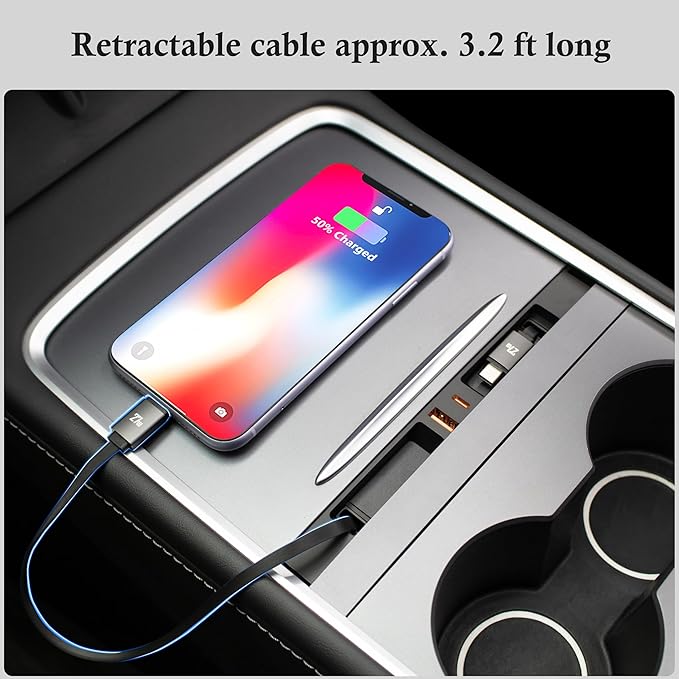 Car USB Hub Charger for Tesla Center Console with Fast Charging Retractable Cables Phone Charger Docking Station Accessories(2 Type-C(Model Y 2021-2024 & Model 3 2021-2023))