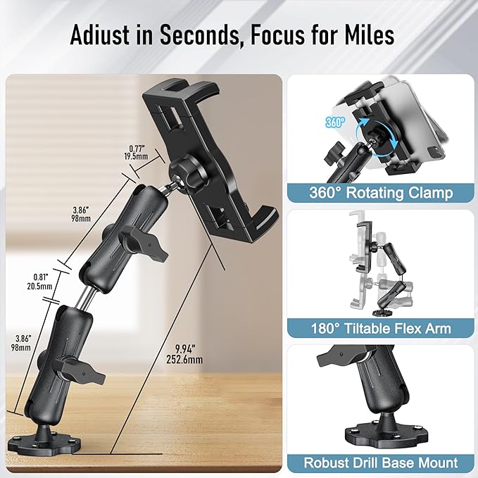 Aluminum Heavy Duty Tablet Mount Car Holder Dashboard for Truck/Vehicle/Desk/Wall, 360° Adjustable Dual Arm iPad Stand Holder Mount for 4.7"-12.9" iPad Pro/Air/Mini/Samsung Galaxy Tab