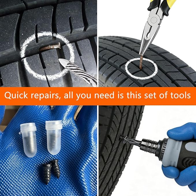 Tire Screw Plug Repair kit - No Need to Remove The tire, tire sidewall Repair kit, Patch Plug Tool and Portable Storage Bag - Quick Flat tire Repair for Cars, Trucks, Motorcycles and SUV