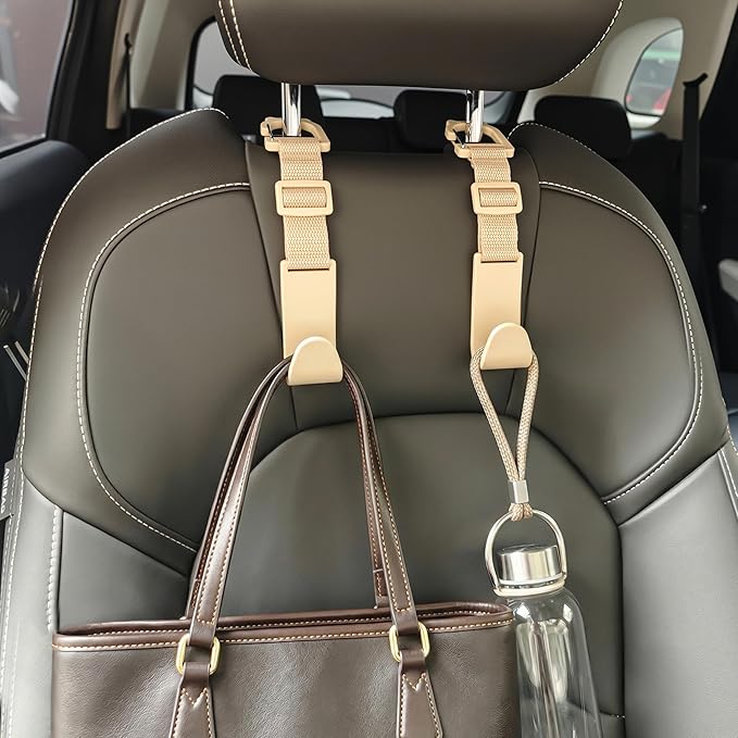 Amooca Car Headrest Hooks 4 Pack Adjustable Universal Fit Auto Seat Back Organizer Storage Hanger Purse Bags Holder with Clip Beige
