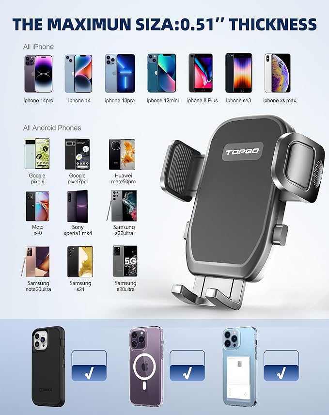 TOPGO Car Phone Mount, Cup Phone Holder for Car [Secure & Stable] Cup Phone Holder Cell Phone Automobile Cradle for iPhone 16 and More Smart Phone -Black