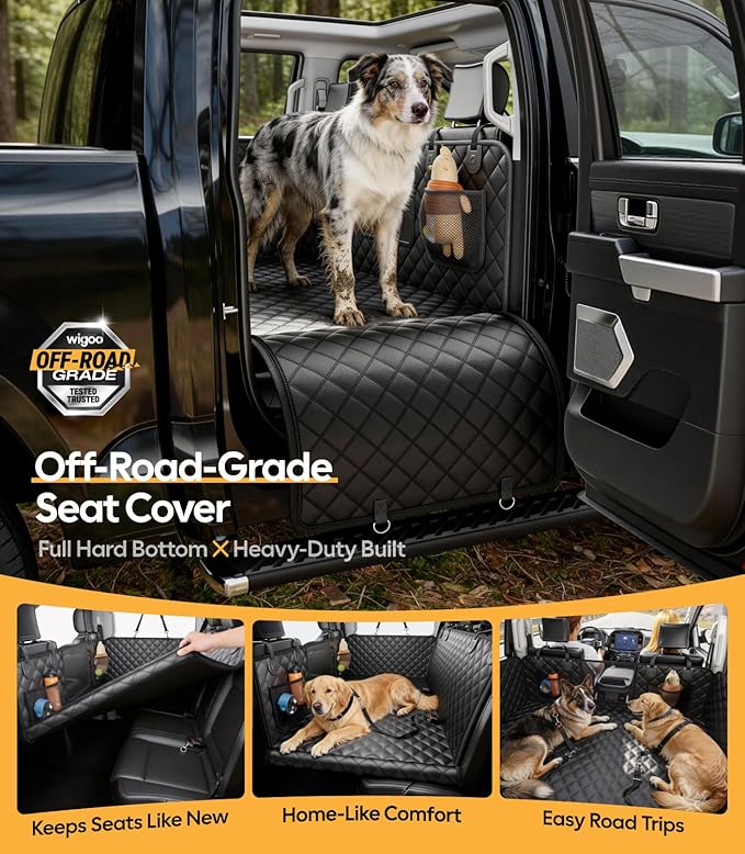 Wigoo Dog Car Seat Cover for Back Seat, 450lb Hardbottom Dog Hammock,Waterproof & Anti-Scratch Backseat Protector for 1-4 Large/Medium Dogs, Seat Extender for SUV Medium Truck, Size-L, Black+Orange